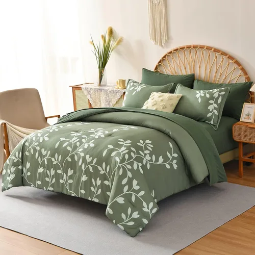Miniatura 8 de Juego de edredón tamaño King – Juego de edredón de 7 piezas con estampado botánico floral en verde con sábanas, juego de ropa de cama de microfibra