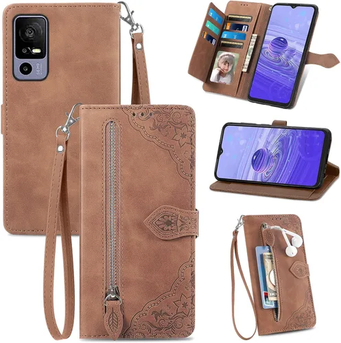 Jitterbug Smart4 - Funda tipo cartera con cremallera y correa, 7 tarjeteros de cuero con imán y bolsillo para dinero, funda protectora de cuerpo