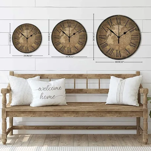 Miniatura 8 de Reloj de pared de madera de estilo vintage, mapa del mundo antiguo con números grandes, reloj de pared redondo preciso, estilo antiguo