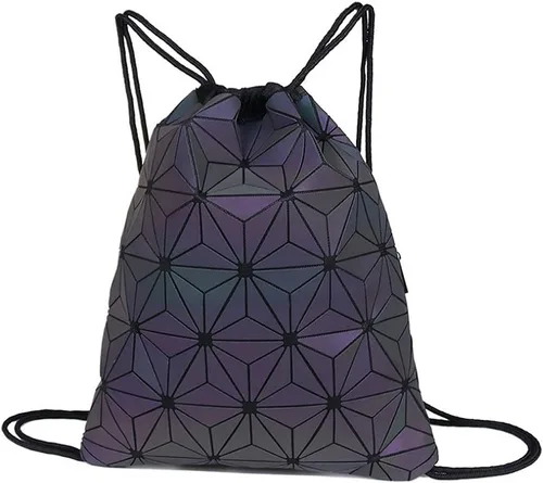 Van Caro Mochila unisex de piel sintética holográfica con cordón geométrico, bolsa de cuerda para gimnasio, viaje, color negro, talla única