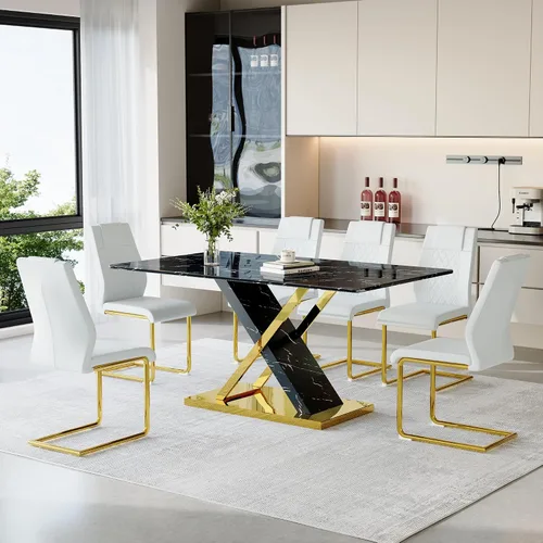 Miniatura 17 de YUNDREAM - Juego de mesa de comedor moderna de mármol para 4, mesa de comedor de oro negro de 63 pulgadas con marco cromado en forma de X y sillas