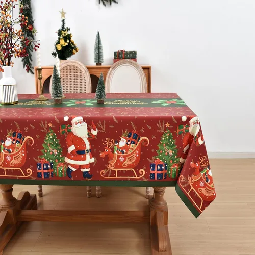 Miniatura 13 de Mantel de Navidad de vinilo resistente rojo de 54x54 pulgadas, mantel rectangular de Navidad, mantel de PVC reutilizable, impermeable, plegable