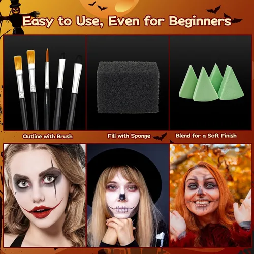 Miniatura 5 de Oiomniv Kit de pintura facial a base de agua, negro, blanco, rojo, con 5 pinceles, 4 esponjas, 2 calcomanías, maquillaje SFX para adultos