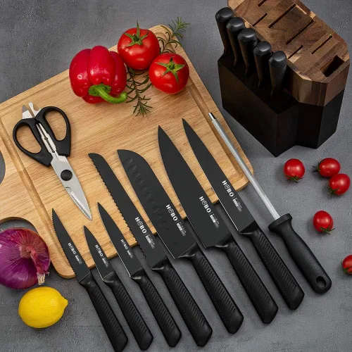 Miniatura 7 de Juego de cuchillos de cocina de 15 piezas con 6 cuchillos de carne con afilador, cuchillo de chef, cuchillo de acero inoxidable de alto carbono Negro
