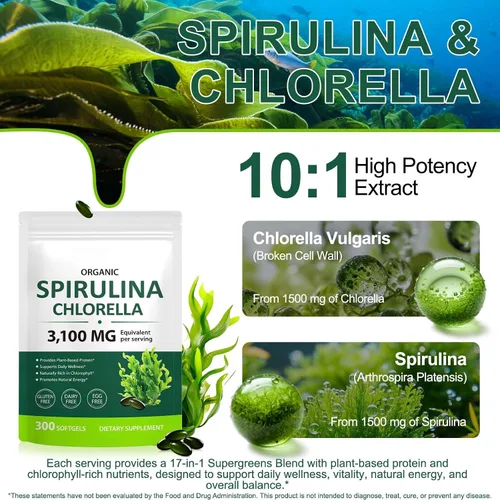 Miniatura 9 de Cápsulas de Spirulina Chlorella, mezcla de superverdes 17 en 1 rica en proteínas, clorofila, vitaminas, apoya la energía, la salud inmune