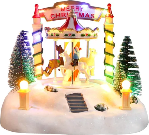 Miniatura 10 de Bdor - Decoración Navideña Iluminada con Música, Diseño de Pueblo Navideño, Figura Coleccionable de Papá Noel y Ciervo, Funciona