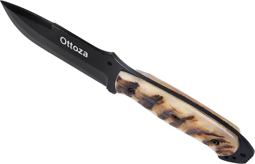 Miniatura 9 de Ottoza Cuchillo de caza de hoja fija con funda de cuero y transporte horizontal, cuchillo de supervivencia y campamento al aire libre de espiga