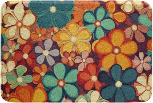 Erosebridal Groovy - Tapete de baño de microfibra para fiesta de los años 70, tapete de baño 3D floral arcoíris 3D, tapete de baño bohemio hippie de