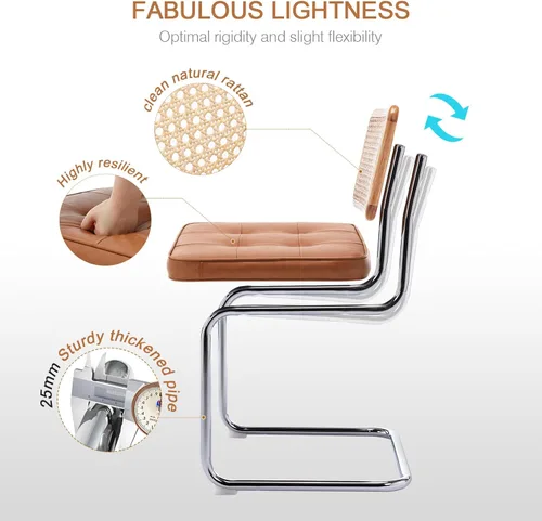Miniatura 3 de Zesthouse Juego de 6 sillas de comedor de ratán natural, sillas modernas de comedor con respaldo de madera maciza para cocina y sala de estar, Cuero