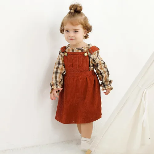 Miniatura 2 de YOUNGER TREE Conjunto de ropa de manga larga a rayas y tirantes para bebé niña con un bolsillo