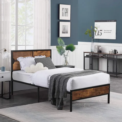 Miniatura 8 de VECELO Base de cama individual tamaño individual con cabecera y estribo de madera, base de colchón de plataforma de metal con fuerte soporte