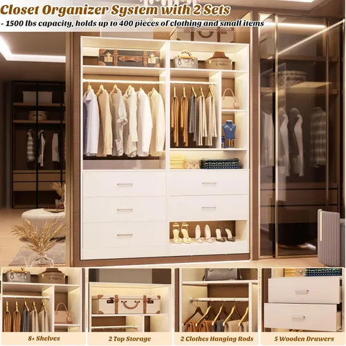 Miniatura 4 de Besiost Sistemas de Armario de 4 Pies con 5 Cajones de Madera, Sistema Organizador de Armario de 48 Pulgadas con 2 Barras Colgantes y 7 Estantes