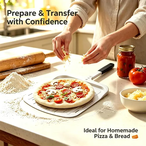 Miniatura 2 de Pala de pizza de 12 pulgadas, pala grande de aluminio para pizza con mango ergonómico largo y superficie antiadherente perforada, accesorios