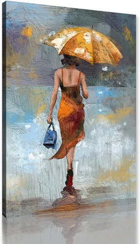 Miniatura 24 de Lienzo abstracto moderno para pared, póster de niña en vestido rojo caminando con paraguas azul, obra de arte para la decoración de pared