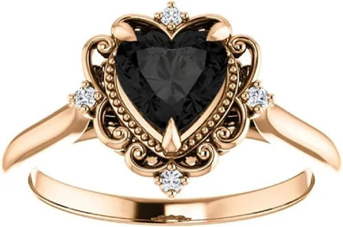 Anillo de corazón negro con halo vintage de oro rosa de 10 quilates, anillo de ónix negro con corazón victoriano de 1 CT, anillo de compromiso de