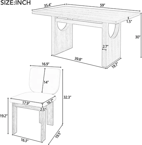 Miniatura 6 de Merax Juego de mesa de comedor de madera para 6, mesa rectangular/sillas tapizadas/diseño geométrico retro, ideal para comedor y cocina, natural