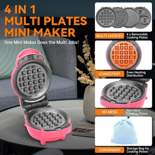 Miniatura 3 de Baker's Friend Mini waflera 4 en 1 con platos extraíbles, el juego incluye mini panqueques, rosquillas, wafleras en forma de corazón