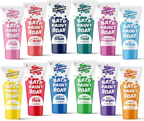 Tub Works Jabón de pintura de baño, paquete de 12 | Pintura de bañera no tóxica, lavable para niños pequeños y niños | Pintura de dedos en la bañera