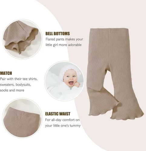 Miniatura 4 de SOBOWO Pantalones acampanados para bebé, paquete de 3 unidades para niña pequeña, color liso, acanalado, con volantes, pantalones acampanados