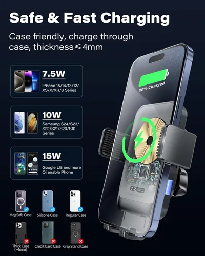 Miniatura 7 de 1Zero Cargador inalámbrico de auto con sujeción automática, soporte de teléfono resistente de 15 W, carga rápida para iPhone 16 15 Pro Max Plus 14