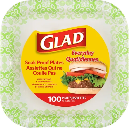 Glad Platos cuadrados de papel desechables, patrón victoriano verde, fuertes, resistentes, a prueba de remojo y aptos para microondas para cena y