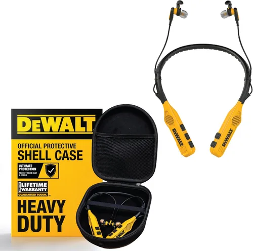 DEWALT Auriculares Bluetooth 2 en 1 con banda para el cuello con 60 horas de reproducción y altavoz + funda rígida de EVA resistente a prueba de