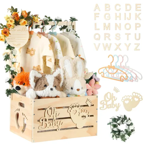 Gran Caja de Madera para Baby Shower, Cesta Personalizable para Baby Shower con Asa y Guirnalda, Caja de Madera para Recién Nacida Niña o Niño para