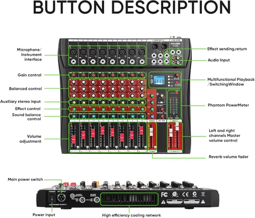 Miniatura 8 de FULUODE Mezclador de Audio 8 Canales, CT-80S Sistema de Sonido Profesional Tablero Mezclador de DJ Consola de Mezcla con Reverberación Reproductor