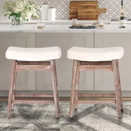 Miniatura 10 de ALPHA HOME Taburete de bar, taburete de cocina de silla de montar de madera maciza con cojín de tela de lino beige, taburete de bar de altura