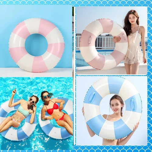 Miniatura 7 de Flotadores inflables de piscina para adultos, paquete de 2 flotadores a rayas, tubos de piscina, anillos de natación con asas, flotador inflable