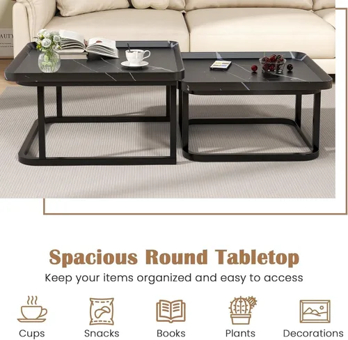 Miniatura 4 de Juego de 2 mesas de centro anidables de 23.6 + 19.7 pulgadas, mesa de centro cuadrada pequeña con estriado, mesa central para sala de estar, Negro