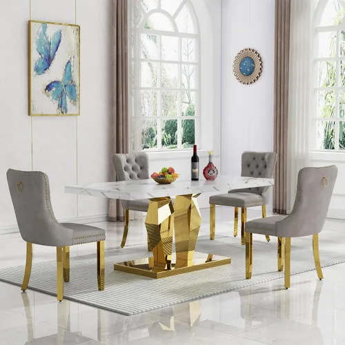 Miniatura 97 de Moderno juego de mesa de comedor de mármol sintético de 68.11 pulgadas para 6, mesa de comedor de mármol blanco y plateado con 6 sillas de Blanco