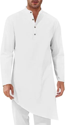 Miniatura 9 de Bata de caftán para hombre, de algodón, manga larga, estilo Henley, casual, musulmán, Kurta, tops