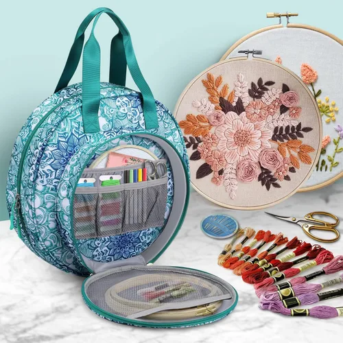 Miniatura 4 de FINPAC Bolsa para proyectos de bordado, suministros de bordado con múltiples bolsillos para hilo dental, aros, hilo, kit de herramientas de costura
