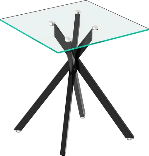 Miniatura 7 de Mesa auxiliar pequeña de vidrio con patas de metal negro, moderna mesa auxiliar cuadrada de vidrio templado transparente con diseño elegante