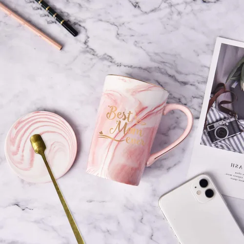 Miniatura 3 de YHRJWN Best Dad and Mom Marble Ever - Juego de tazas de café con caja de regalo, posavasos y cuchara para Navidad, cumpleaños, regalo para padres