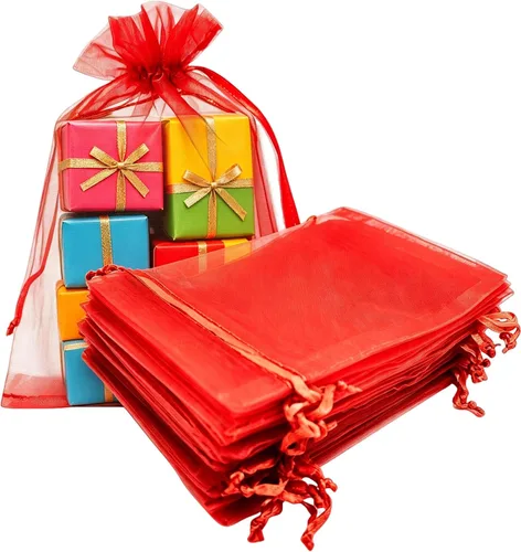 Bolsas de regalo de organza de 5 x 7 pulgadas con cordón para joyas, dulces, flores de lavanda secas, 100 bolsitas rojas, bolsa de malla de tela