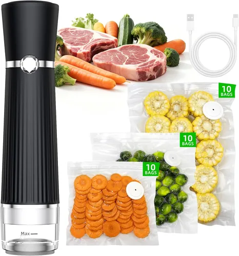 Sellador al vacío para alimentos, máquina selladora al vacío compacta portátil con 30 bolsas reutilizables para preservación 10X y frescura