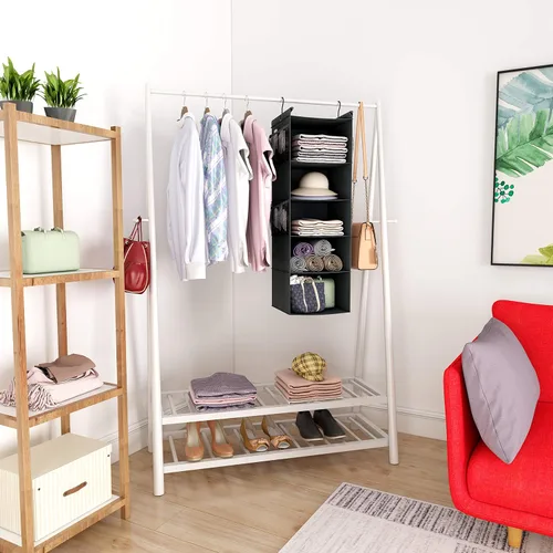 Miniatura 6 de MAX Houser Organizador de armario colgante de 5 estantes, ahorro de espacio, estantes colgantes de tela con 4 bolsillos laterales, plegable, negro