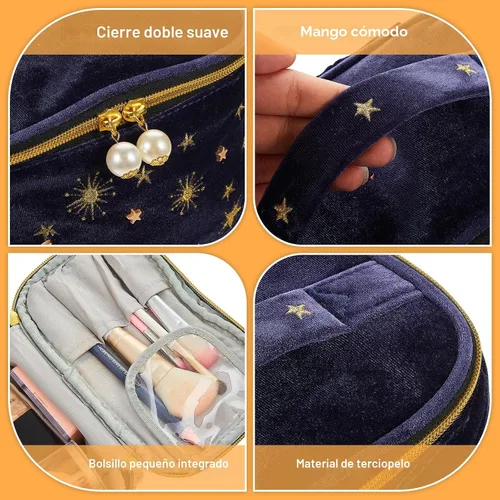 Miniatura 6 de Patelai 2 bolsas de maquillaje de terciopelo con estrellas y luna, bolsas de cosméticos góticas bordadas, bolsa de maquillaje portátil de viaje
