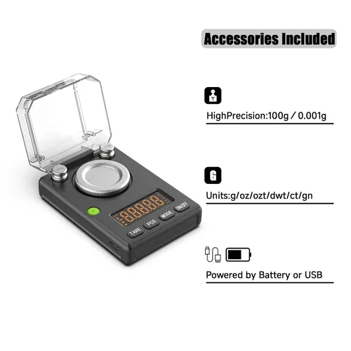 Miniatura 8 de Báscula de miligramos de 3.53 oz x 0.00 oz, escala de polvo MG con apagado automático seleccionable, nivel de burbuja integrado, peso de calibración