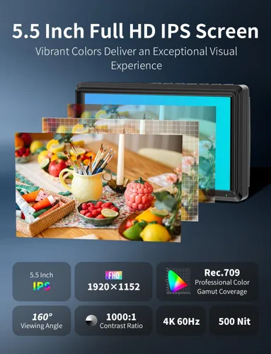 Miniatura 2 de FEELWORLD S55E - Monitor DSLR de campo de cámara de 5.5 pulgadas, 500nit, salida de entrada HDMI 4K, forma de onda 3D LUT HDR enfoque preciso