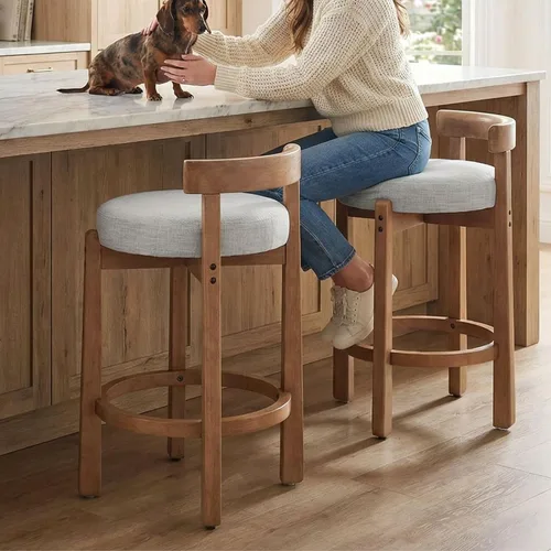 Miniatura 10 de LukeAlon Mid Century Linen Taburete Individual de Mostrador, Tapizado de 26.5" de Altura de Asiento, Taburetes Bajos con Patas de Madera Natural