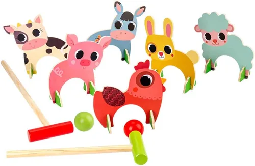 TOYANDONA Juego de croquet para niños, juego de croquet de animales de madera de dibujos animados, divertidos juegos de césped para niños y niñas