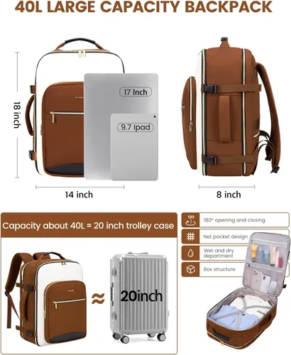 Miniatura 4 de LOVEVOOK Mochila de viaje de 40 L para mujeres y hombres, equipaje de mano aprobado por aerolíneas con 3 cubos de embalaje, bolsas de noche TSA