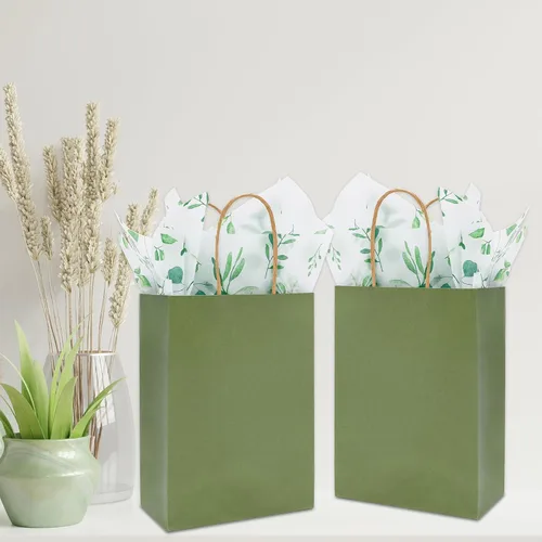 Miniatura 7 de Whaline 16 bolsas de papel kraft verde salvia con asas, 20 piezas de papel de seda de eucalipto, bolsa de golosinas a granel para baby shower