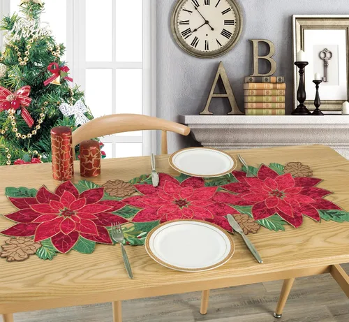 Miniatura 2 de KEVA Camino de Mesa Navideño de Navidad, Camino de Mesa de Terciopelo Bordado con Calados de Flor de Pascua Roja, Decoraciones Navideñas