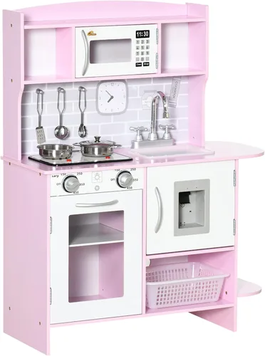 Qaba Juego de juguetes de cocina para niños con diseño realista, luces de estufa, almacenamiento, dispensador de agua, para niños de 3 a 6 años,