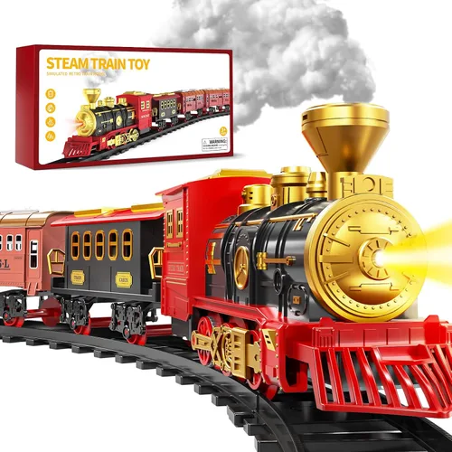 Juego de tren para niños de 3-5 4-7, juego de juguetes clásicos de tren eléctrico con motor de locomotora, luces y sonido con vapor, rieles para