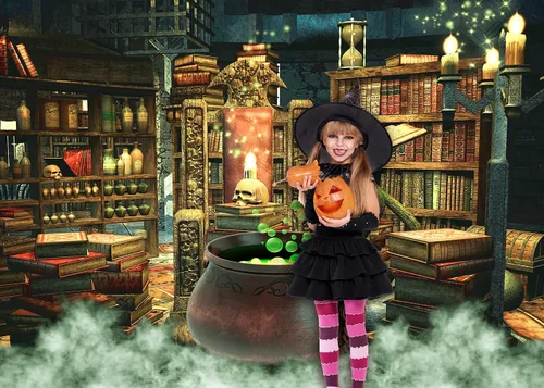Miniatura 3 de Fondo de fotografía de Halloween, bruja, caldero mágico, estantería en habitación espeluznante, decoración de fiesta, fondo de retrato de vinilo